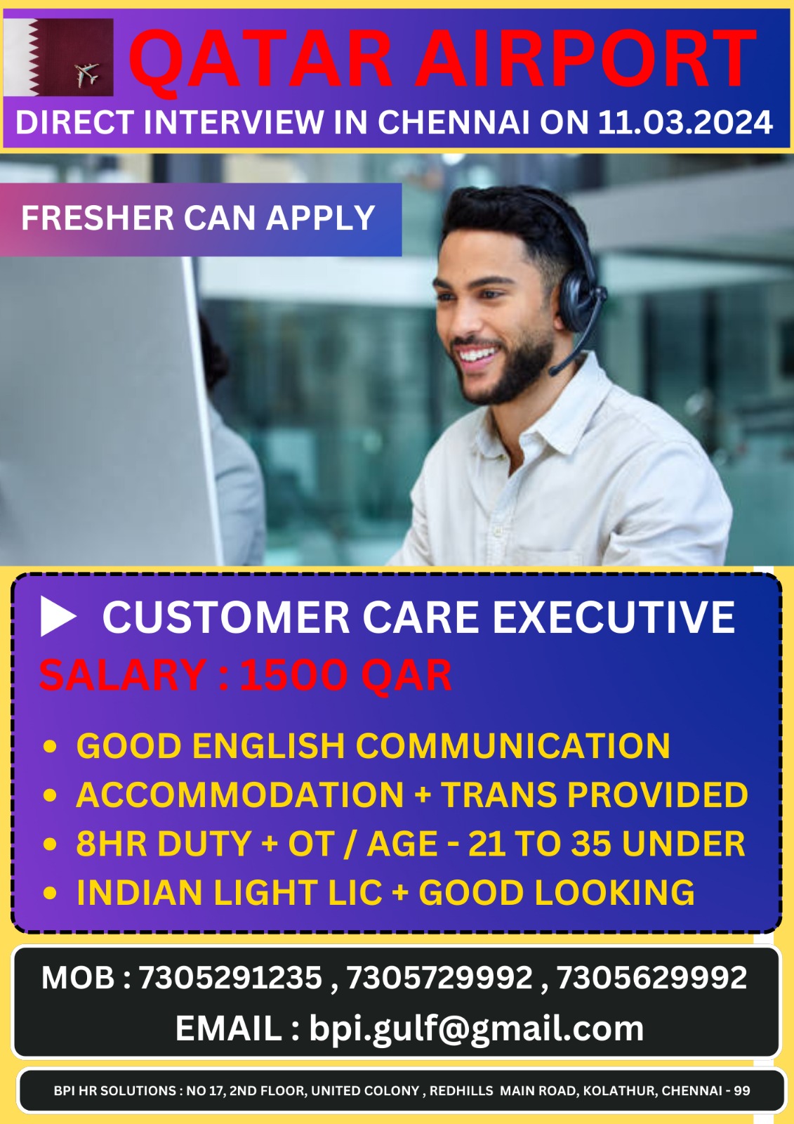 Qatar jobs vacancies for airport, Direct interview in Chennai on