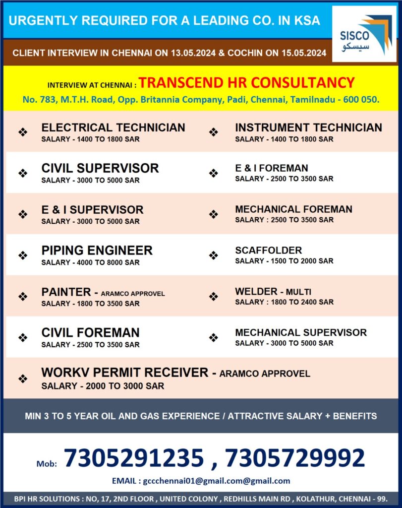 URGENTLY REQUIRED FOR A LEADING CO. IN KSA SISCO