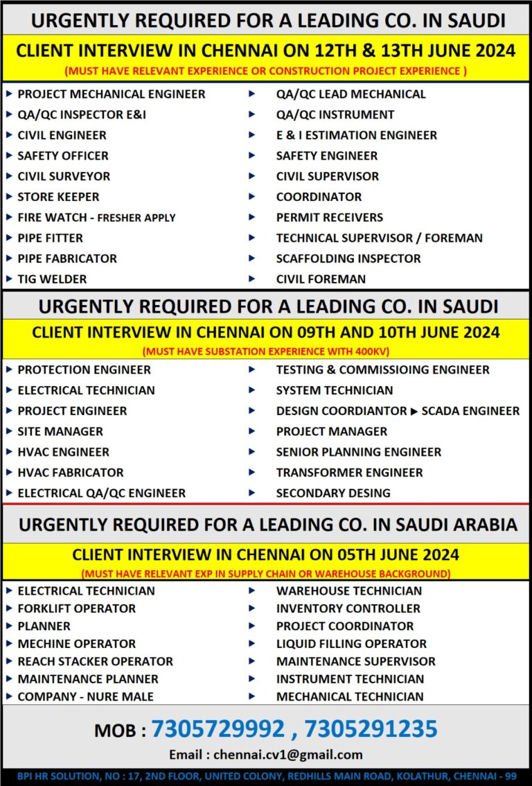 Urgent Requirement For Saudi Arabia Jobs, Jobs Vacancies In Chennai ...