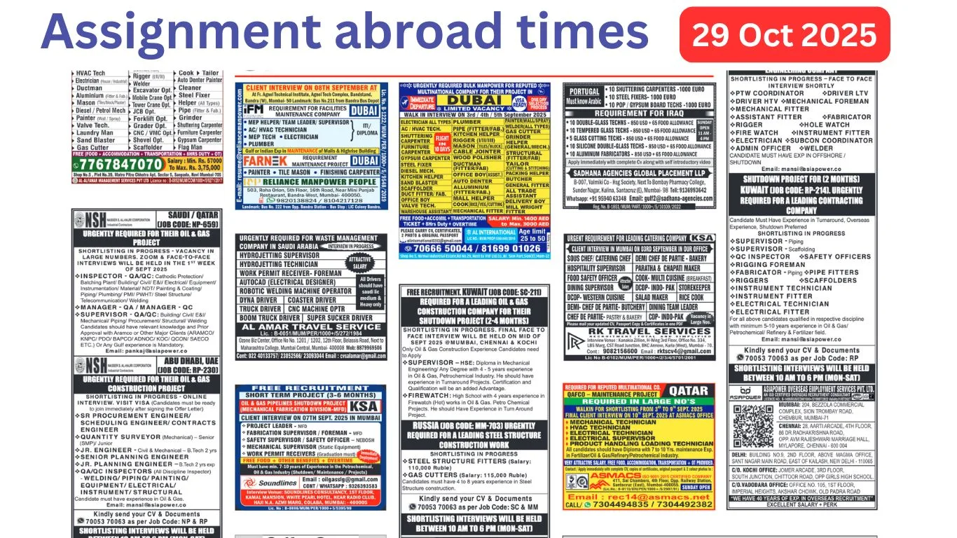 Gulf jobs vacancies today Assignments Abroad Times PDF Today, 29th October 2025
