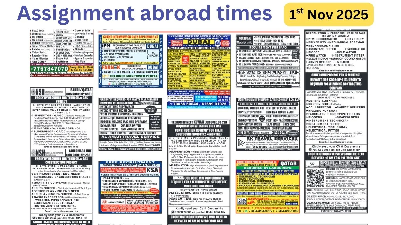 Gulf jobs vacancies today Assignments Abroad Times PDF Today, 1 nov 2025