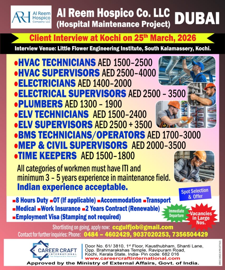 Urgent Hiring for Dubai – Hospital Maintenance Project interview in kochi