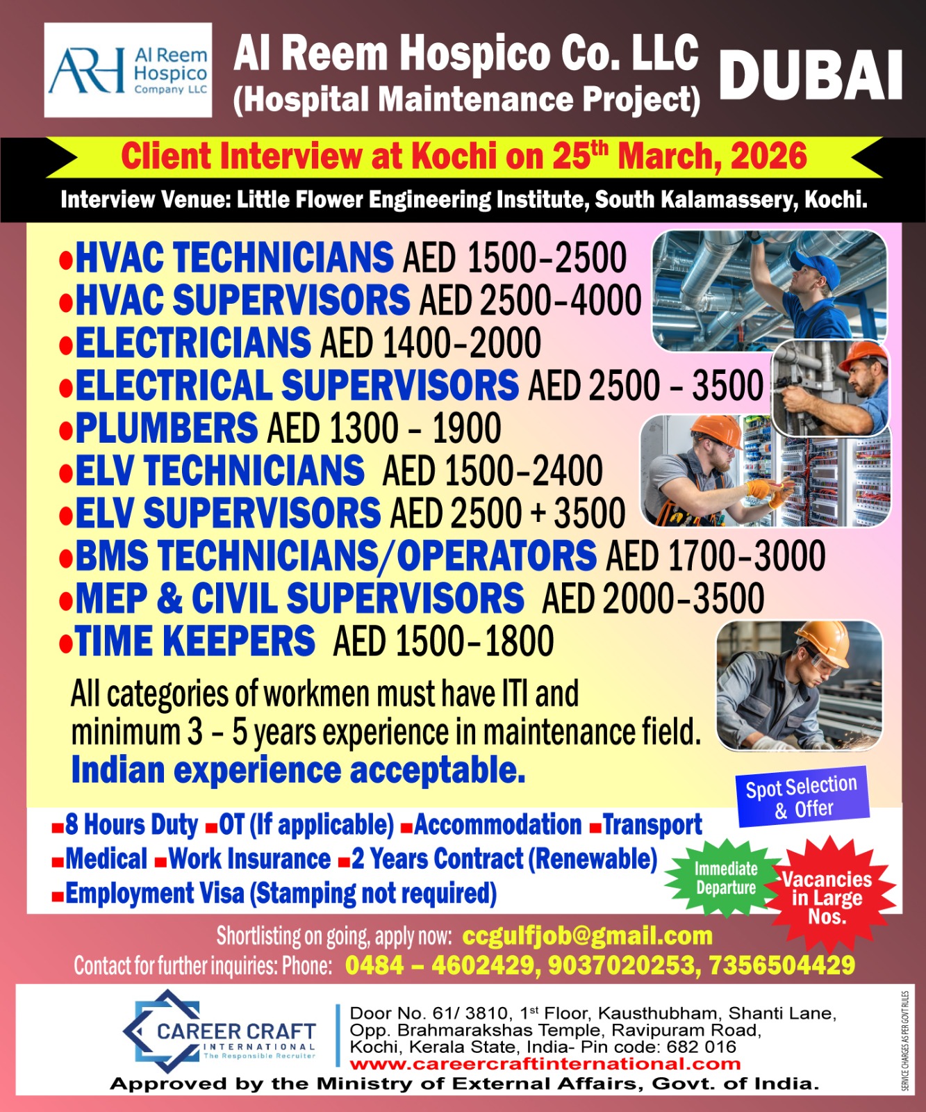 Urgent Hiring for Dubai – Hospital Maintenance Project interview in kochi